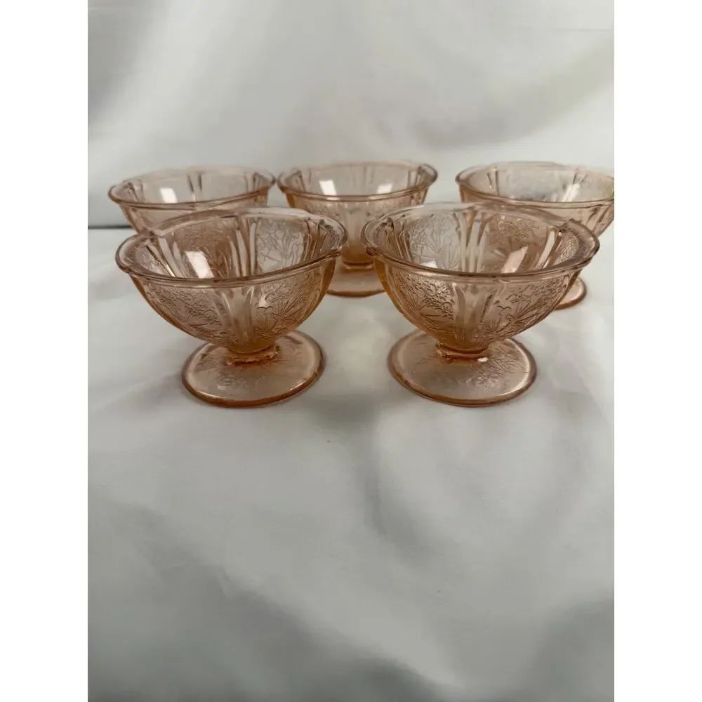 Vintage Jeannette Cherry Blossom Pink Depression Glass Sherbet Cups Set 5